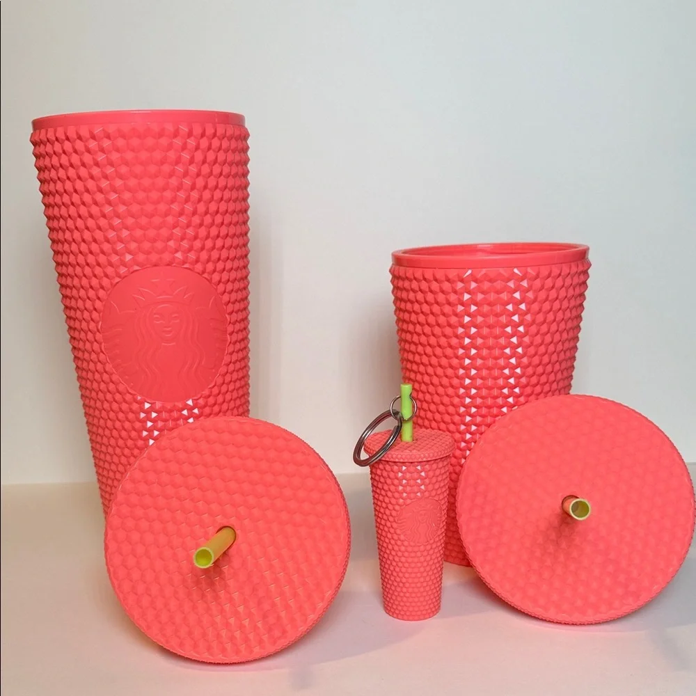 Starbucks Dragon Fruit Pink Studded Tumbler Set 24oz Venti 16oz Grande Keychain
